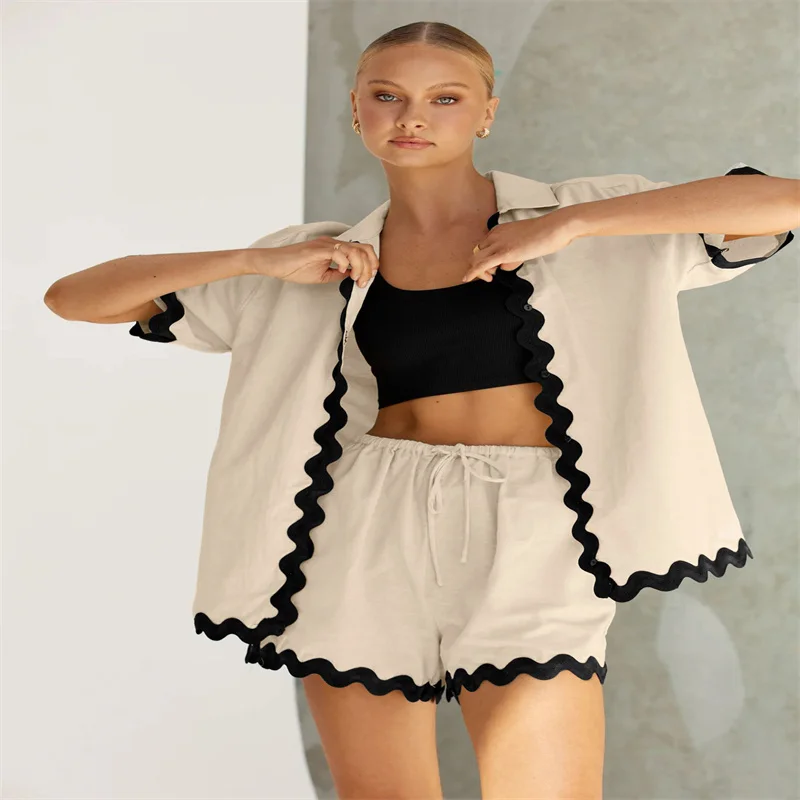 

American Ladies Summer Home Casual Shorts Suit Ladies Solid Color Wavy Edge Design Half Sleeve Shirt & Loose Shorts