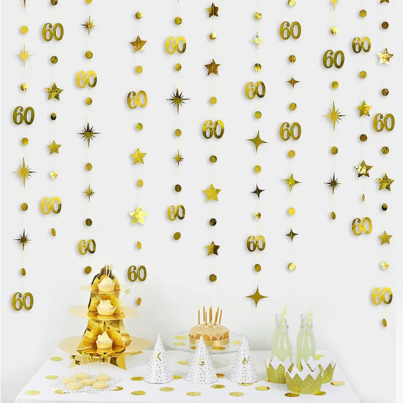 Gold 60th Birthday Decorations Number 60 Circle Dot Twinkle Star Garland Banner Backdrop for 60 Year Old Birthday Party Supplies birthday streamers,birthday banner,party decorations