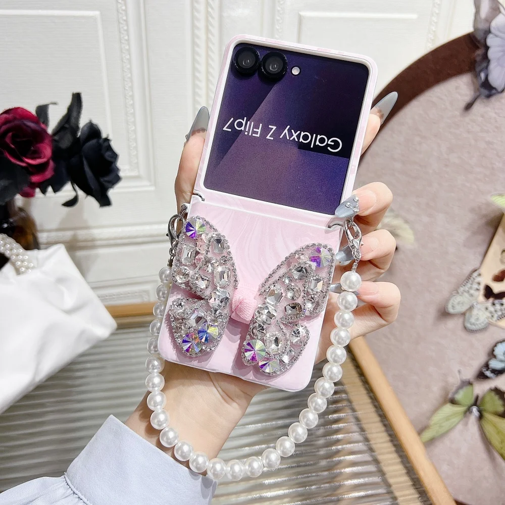 Luxury Glitter Phone Case with Bling Butterfly & Diamond Wrist Strap Cover