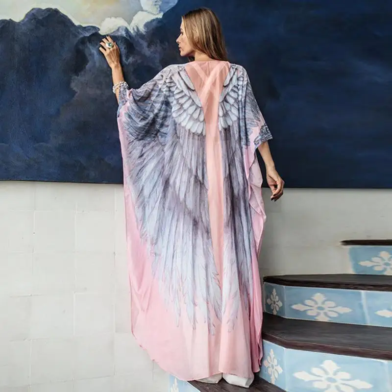 2023 Chiffon Wings Printing Beach Cover-up Loose plus Size Robe Holiday Sun Protection Shirt Long Dress