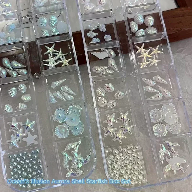 12 Grids/Box Aurora 3D Nail Charms - Shell Starfish Mermaid Tail Oceanic Accessories for Dreamy Manicure & Nail Art Design
