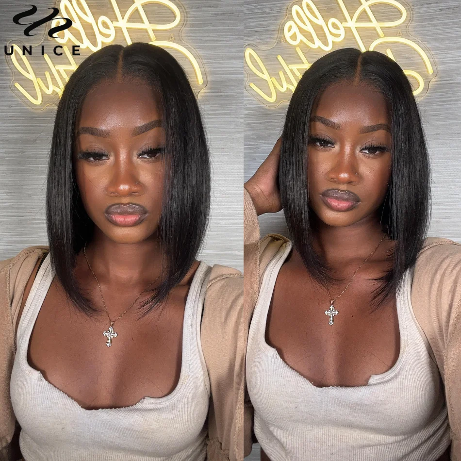

Bleached Knots 7X5 Inch Pre-Cut Lace Glueless Wig Short Straight Bob Wig Human Hair Pre Plucked Wear Go Lace Front Wig for Women