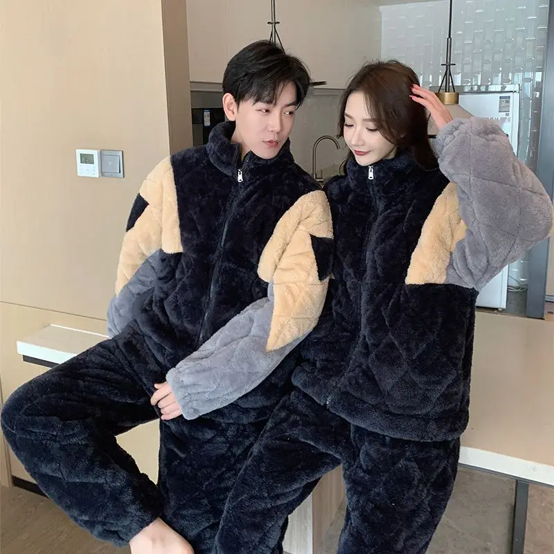 2023 New Winter couples matching pajamas Coral Fleece Thickened Warm Two-Piece Suit Loose Casual  stand collar Nightclothes