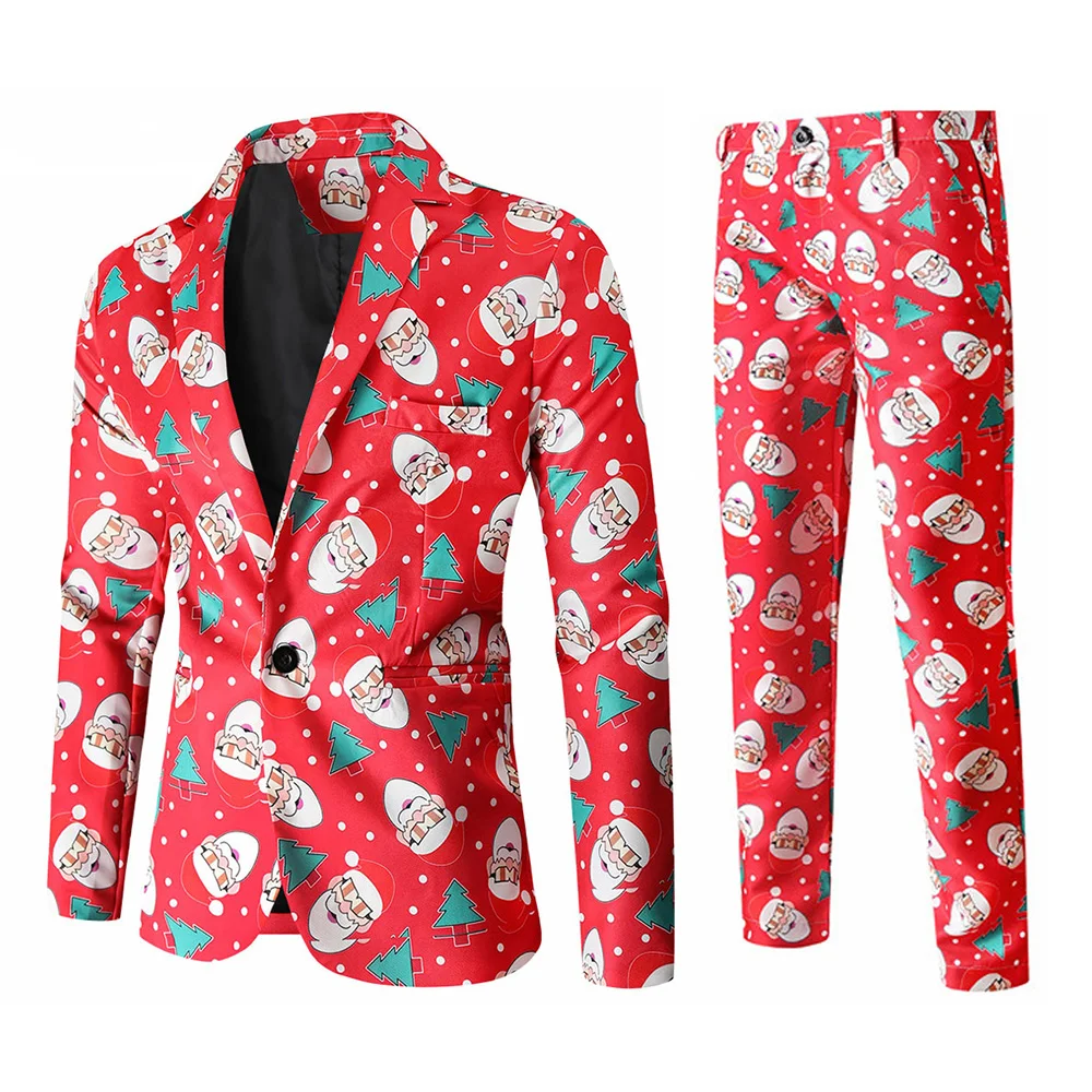 thumbnail image 1 of Traje de negocios informal navideño para hombre, 2 piezas, chaqueta de un botón, pantalones, feo y divertido conjunto con estampado de muñeco de nieve y alce navideño para hombre, 1 of 5