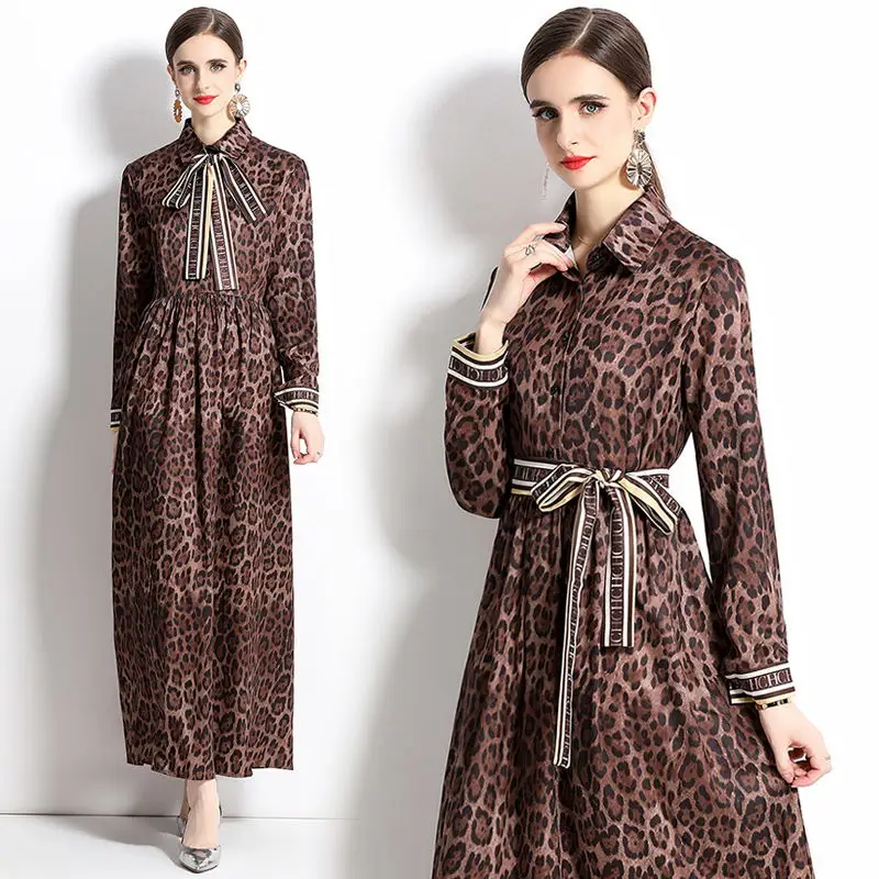 

Occident Trendy Run Way Long Dress Elegant Leopard Prientd Big Swing Full Sleeve Robe All Match Single Breasted Leisure Vestidos