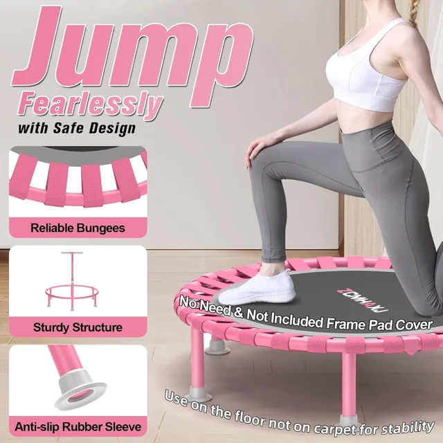Foldable Mini Trampoline, 40" Rebounder for Adults & Kids, 450lbs Capacity with Adjustable T-Bar, Indoor Fitness Equipment