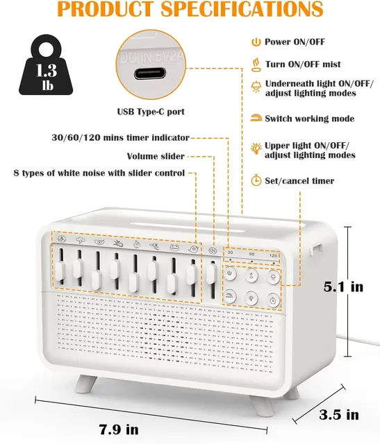 LED White Noise Speaker with 8 Nature Sound Portable BT Speaker Auto-Off Aroma Diffuser Sleep Aid Night Light Humidifier Machine 5