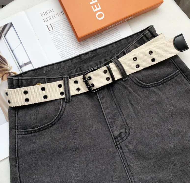 Fashion Contracted Style Double Grommet Hole Buckle Belt Wide Canvas Web Belt Female Male Waist Strap Belts for Women Men Jeans