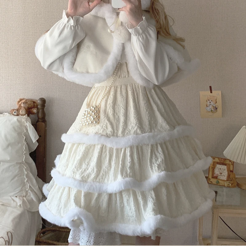

Japanese Sweet Lolita Jsk Dress Women Kawaii Clothing Strawberry Lolita Cloak Victorian Gothic Y2k Plush Patchwork Strap Dresses