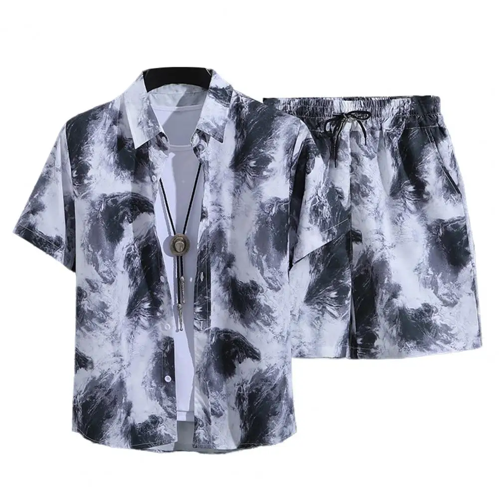 

Men Printed Casual Suit Set Men's Hawaiian Print Beach Outfit Set with Short Sleeve Shirt Elastic Waist Shorts Casual for Summer