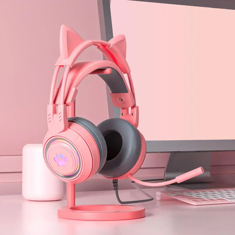 For PS-5 Headphone With Microphone HiFi Stereo Bass Cat Ears Headset Gamer Girls RGB Black Pink Helmet For PC Laptop Phone X-box
