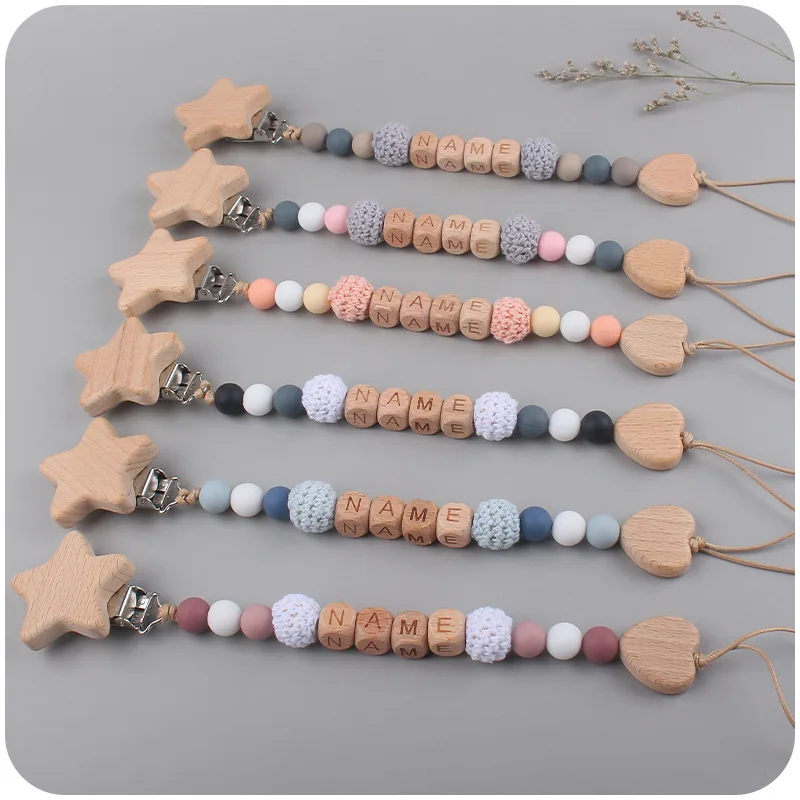 Pacifier Chain Baby Pacifier Clip Personalized Name Stars Love Wood Safe Teethers Soother Chew Teething Toys
