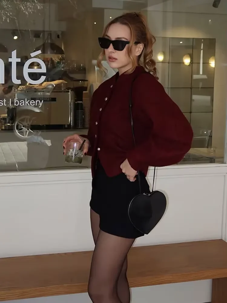 Fashion Solid Women Single Breasted Wool Coat Elegant Round Neck Long Sleeves Slim Short Jacket 2025 New Female Office Overcoat 2