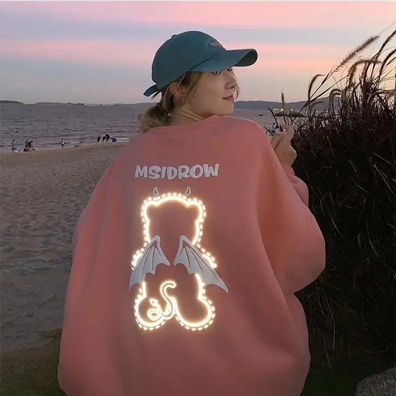 Bear Hoodies Fashion Harajuku Sweatshirt Women Long Sleeve Loose Couple Wear Reflective Devil Pullover Female Kawaii Tops Y2k