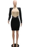 Sexy Crystal Beading Mesh Patchwork Mini Dress Womens Long Sleeve Backless Bodycon Dresseswear Outfits