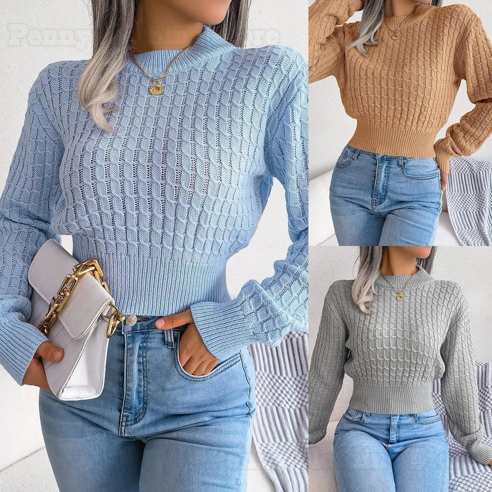 

2023 European And American Autumn And Winter Street Style Twist Long-Sleeved Navel-Baring Knitted Sweater For Women