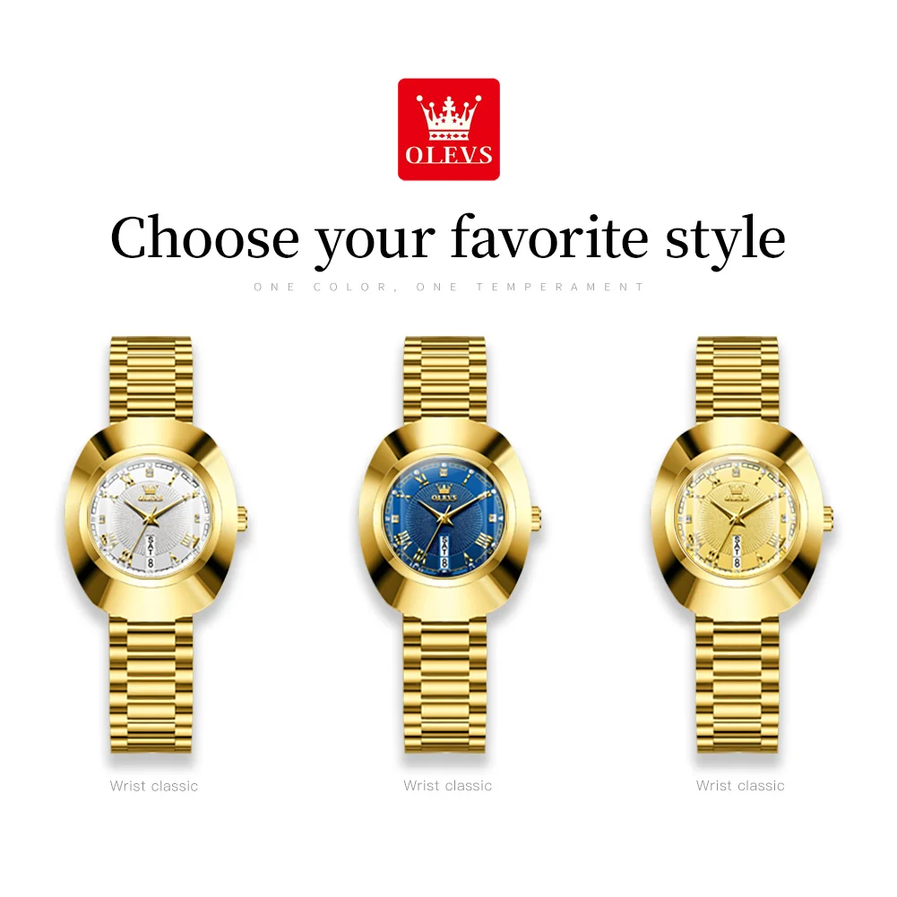 OLEVS Quartz Watch for Women Luxury Golden Tungsten Steel Women's Watch Waterproof Dual Calendar Diamond Inlay Wristwatch Reloj