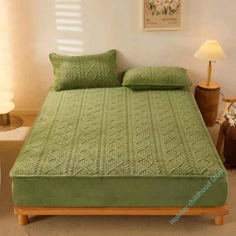 Milk Fleece Fitted Sheet Bedspread Onepiece Quilted Mattress Protector