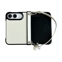 Elegant PU Leather Phone Case with Pearl Wrist Strap and Hinge Protector - Shockproof Back Cover - iPhone Duo (Beige)