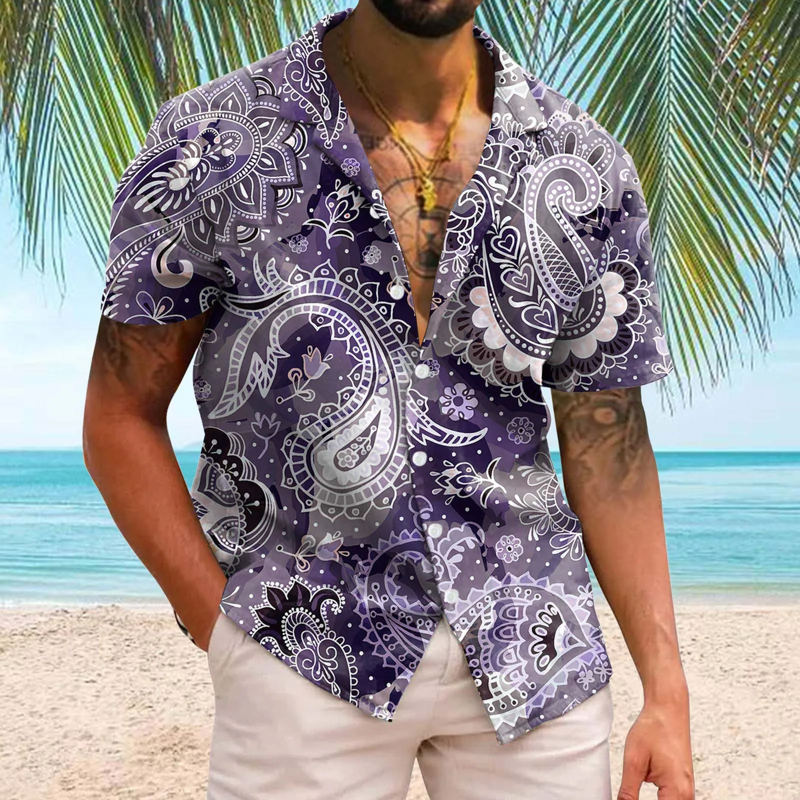 

Men Shirts Boho Vintage Floral Print Top Shirts Turndown Collar Single Breasted Blouses Summer Hawaiian Casual Beachwear