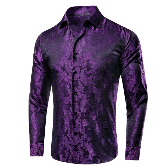 Camisa de seda lila para hombre, blusa Jacquard de manga larga con solapa  de lujo, color