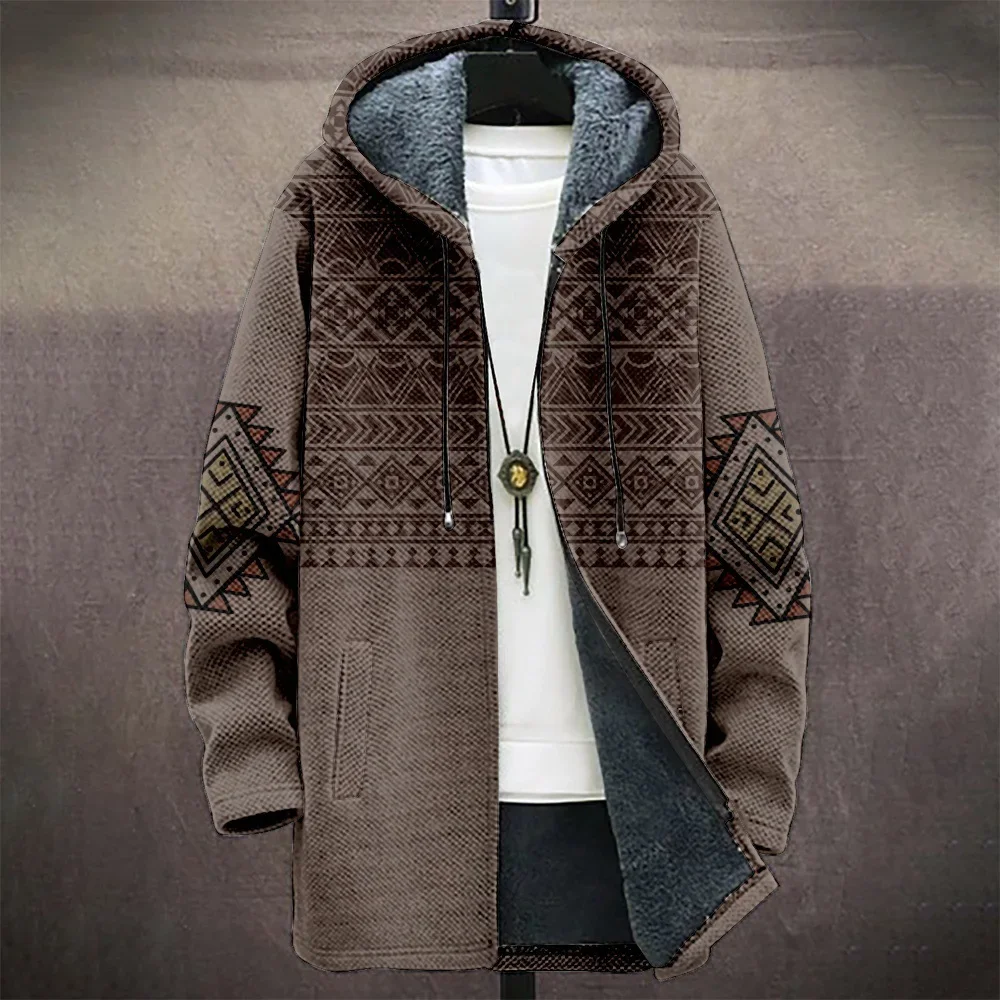 Men Jacket Cardigans Native Aztec Graphics Coats Printed Mid Trench Outdoors Fleece Winter Casual Streetwear Mens Clothing