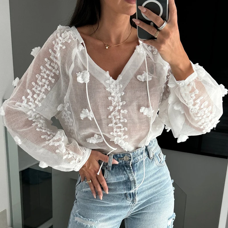 

Sexy Deep V-neck Long Sleeve Blouse 2024 Elegant Jacquard See-through Lace-up Pullover Tops Women Casual Solid Loose Shirt Blusa