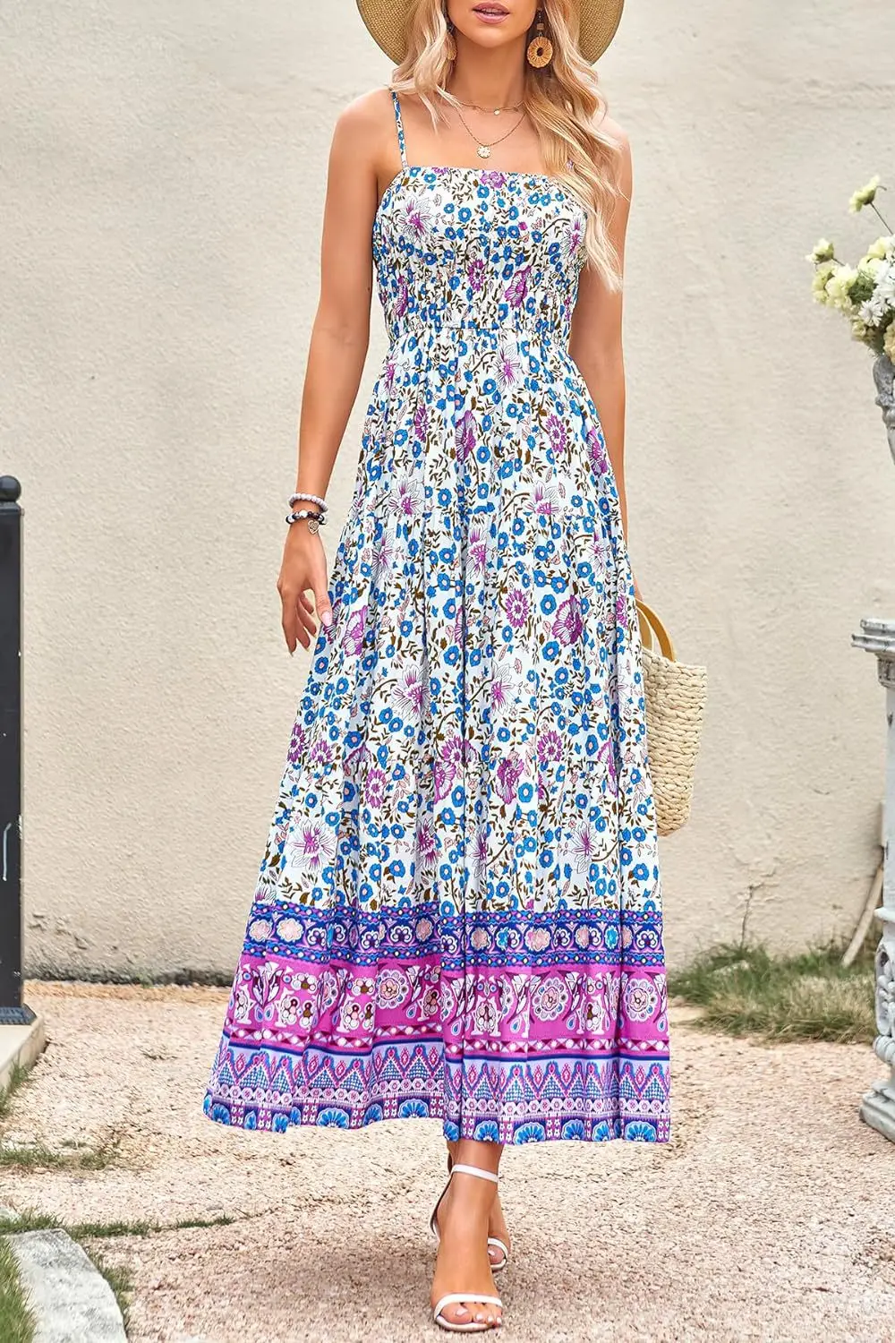 Vintage Flower Print Spaghetti Strap Dresses Women Fashion Trendy Bohemian Beach Vacation Long Dress Female Summer New Vestidos