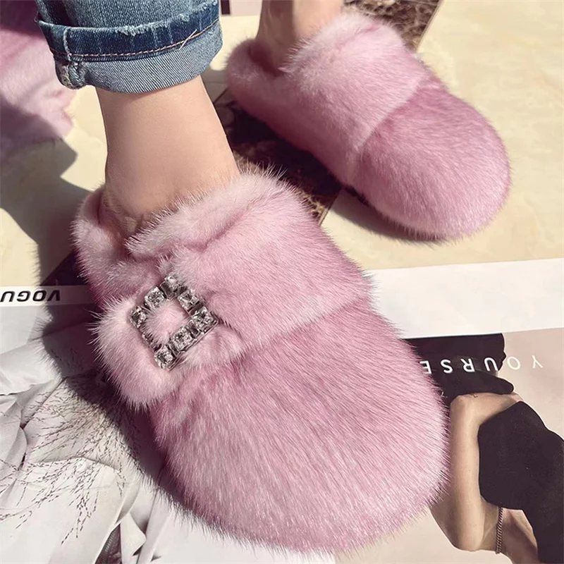 Women's New Fur Slippers Mink Fur Fashion Comfortable Plus Diamond