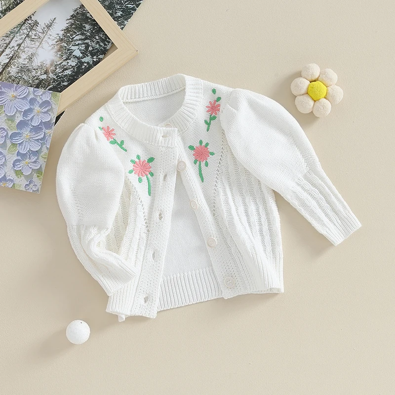 Baby Girls Autumn Winter Knit Sweater Long Sleeve Flower Embroidery Button Up Knitwear