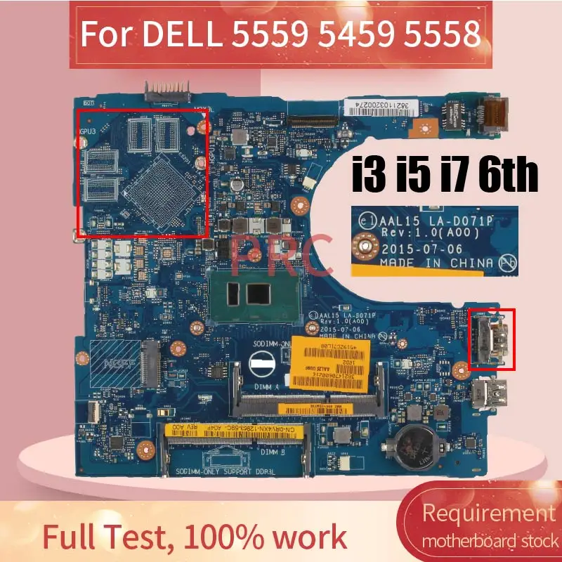 Placa-mãe Portátil para Dell Inspiron Cpu Notebook Mainboard 0vyvp1 086v8h 0rv4xn i3 i5 I76th Gen La-d071p 5559 559 5558