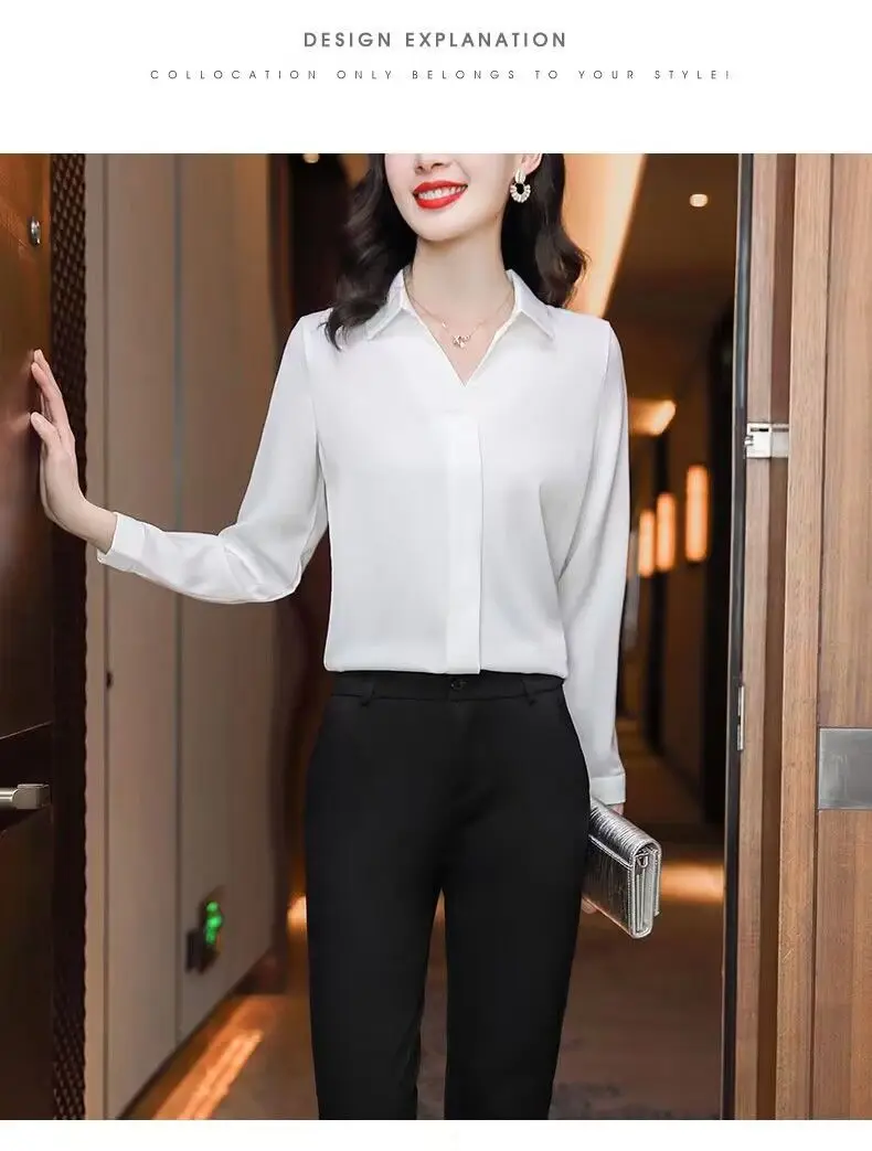 Basic Office Lady Solid Color Shirt Female Clothing Elegant Fashion V-Neck 2023 Spring Autumn Commuter Korean Long Sleeve Blouse