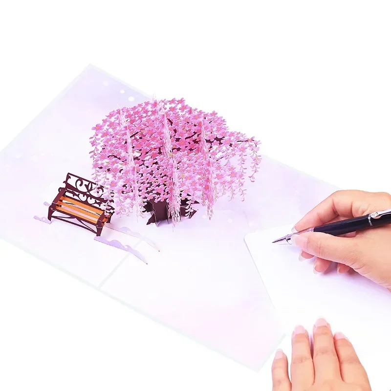 Color printed Wisteria Tree 3D Pop up Flower Blessing Card Universal Paper Carving Message Card 1pcs gift greeting cards