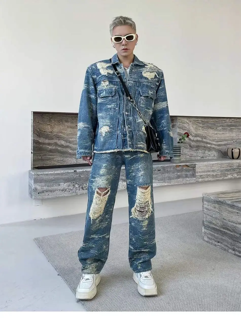

POP Menswear 2023 New Style Heavy Craft Washing Destroy Denim Jacket Jeans Men Personality Trend Fried Street Leisure Suit
