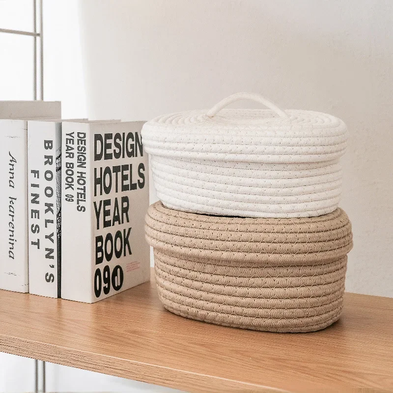 Cotton Knitting Storage Box Solid Color Oval Desktop Finishing Box with Lid Cosmetic Storage Basket Rattan Desk drawer organizer 5