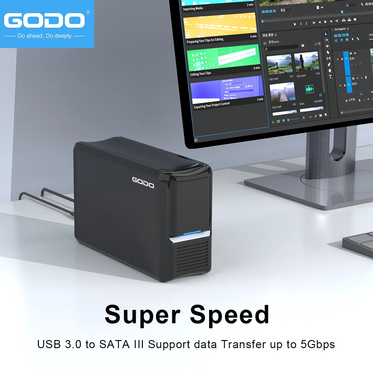 GODO 듀얼 베이 외장 하드 드라이브 케이스 3.5/2.5인치 SATA-USB 변환 케이스 (RAID 기능 지원, 60TB HDD/SSD 지원)