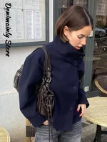 Mode court manteau en laine femmes col montant simple poitrine manches longues veste ample femme 2025 automne solide bureau dame vêtements d'extérieur 6