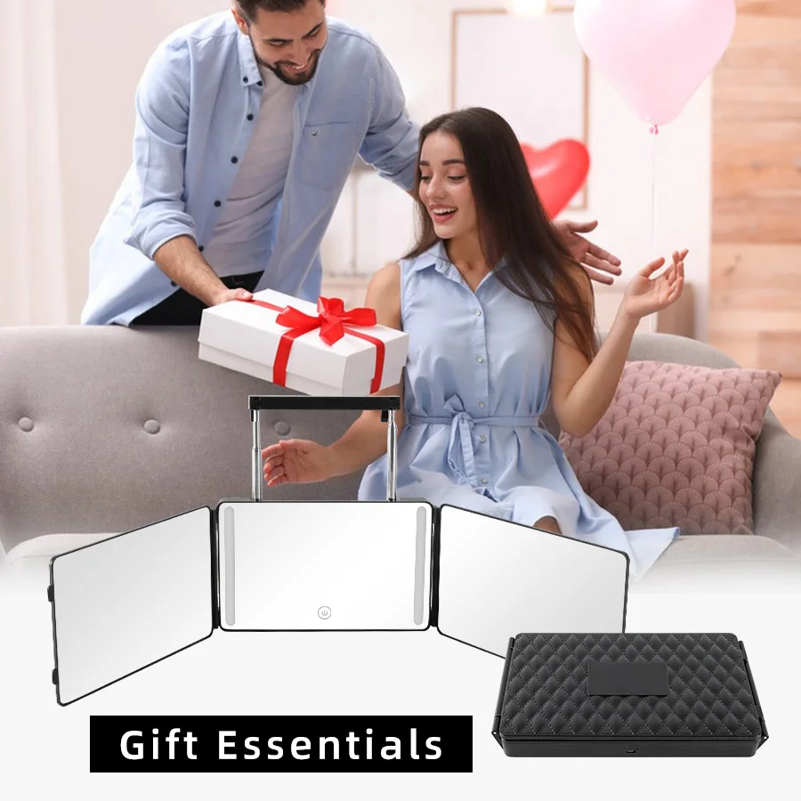 Portable 360 Trifold Mirror LED Brightness Adjustment with Height Adjustable Telescoping Hooks Ideal for Self Haircutting Makeup