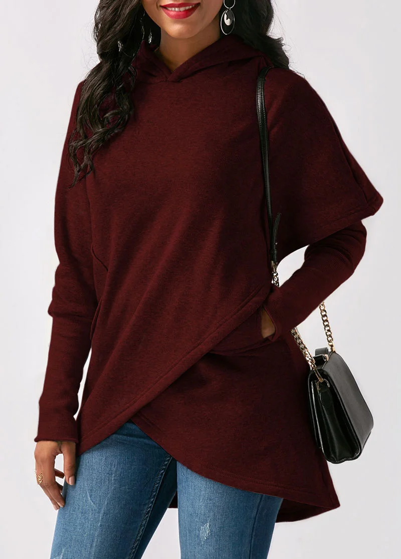 Autumn Winter Warm Two Pocket Splicing Hooded Sweatshirt Female Daily Casual Loose Hoodie Women's Long Sleeve Irregular Hem Tops