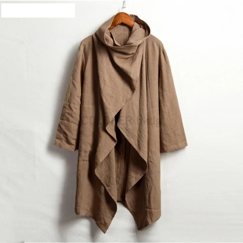 New Men's Retro Jackets Trench Casual Cotton Navy Black Khaki Scarf Collar Irregular Long Sleeve Cloak Loose Stylish