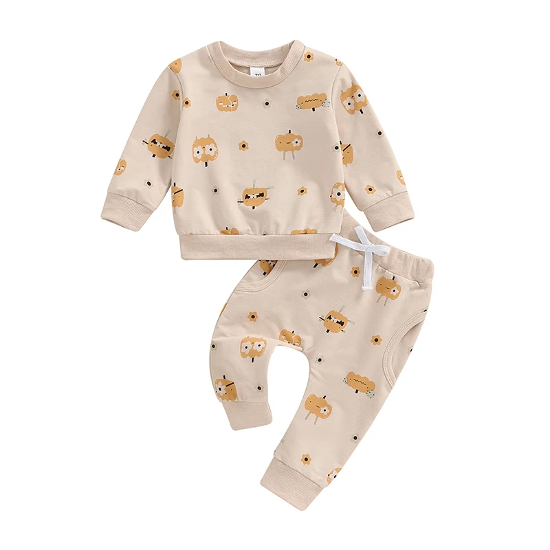 Baby Girls Outfit Pumpkin Flower Print Long Sleeve Crew Neck Sweatshirt Sweatpants Halloween Clothes