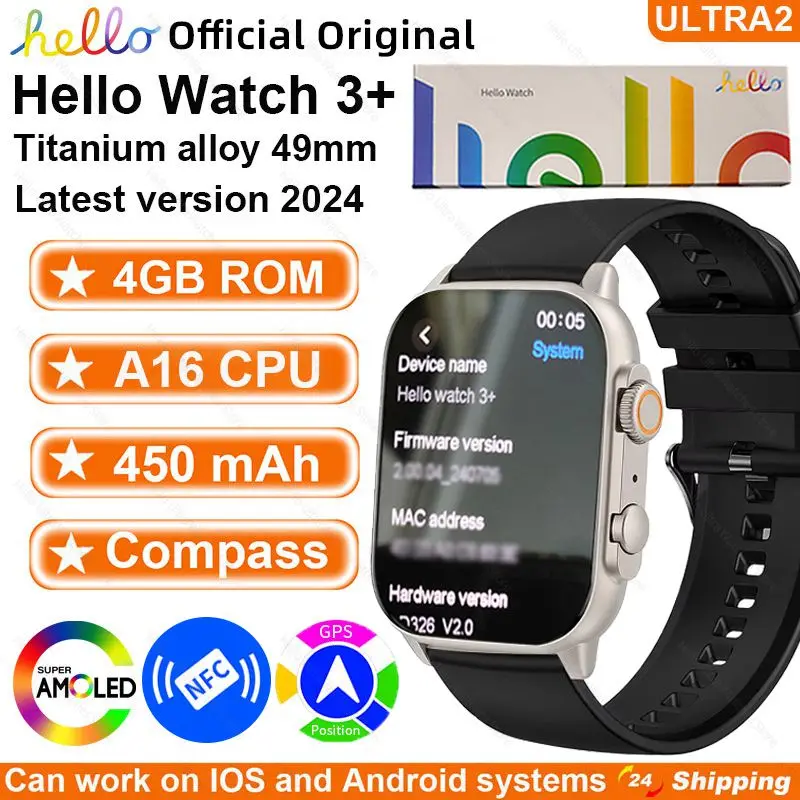 Smart Watch New Genuine Hello Watch 3 Plus 49mm AMOLED 4G ROM NFC Compass Clock Bluetooth Call Sports for Men Women