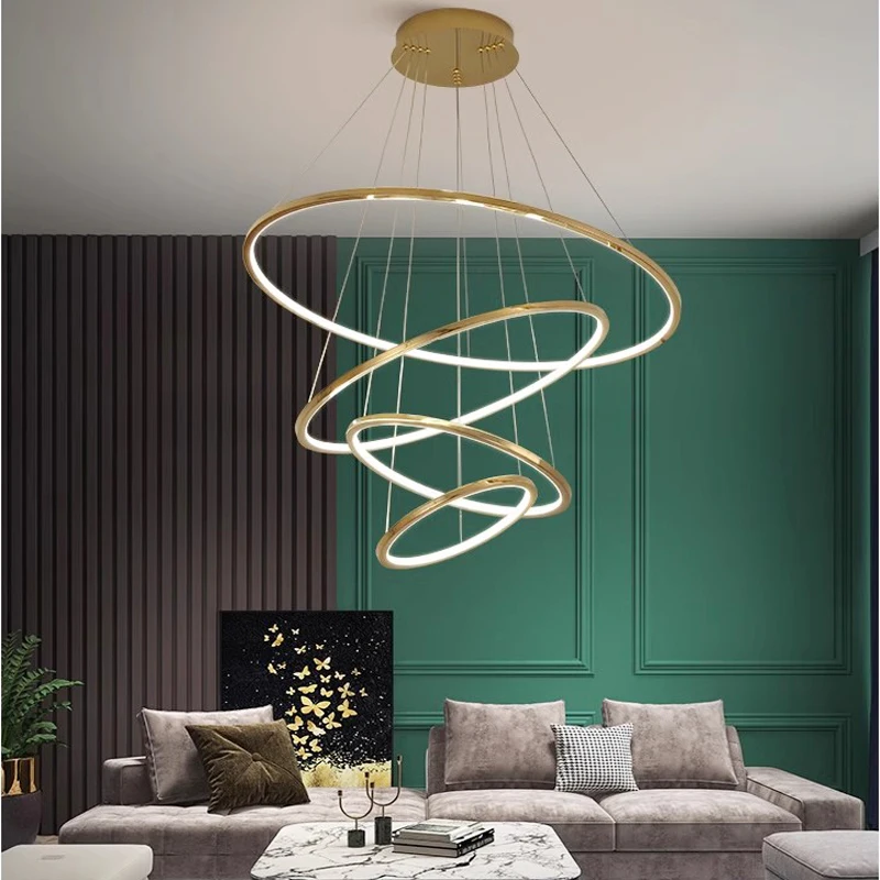 Ring lamp LED chandelier dining room bedroom duplex floor living room large chandelier staircase loft stainless steel metal rings metal rings for decoration