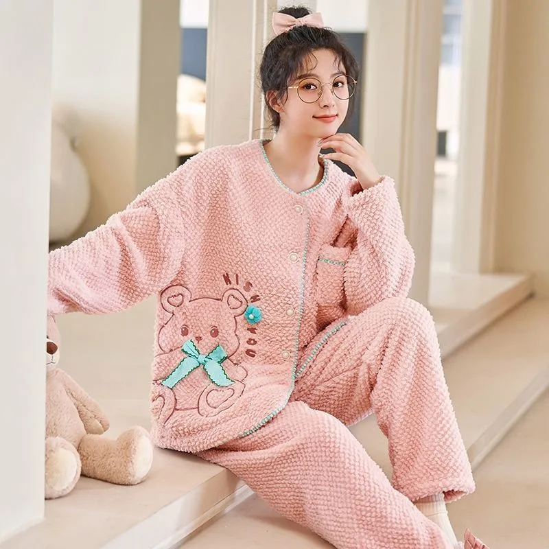 2024 New Autumn Winter Sleepwear Coral Velvet Pajamas Women Plush Warm Homewear Set V-neck Warm Ice Cream Velvet Loungewear