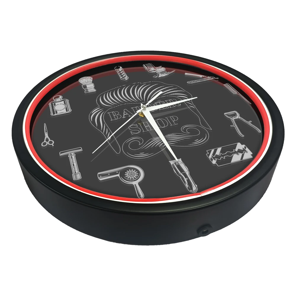 Barber Shop Red Neon Logo Metal Frame Wall Clock for Man Cave Barbering Business Sign Flexible Flex illuminated Neon Wall Clock