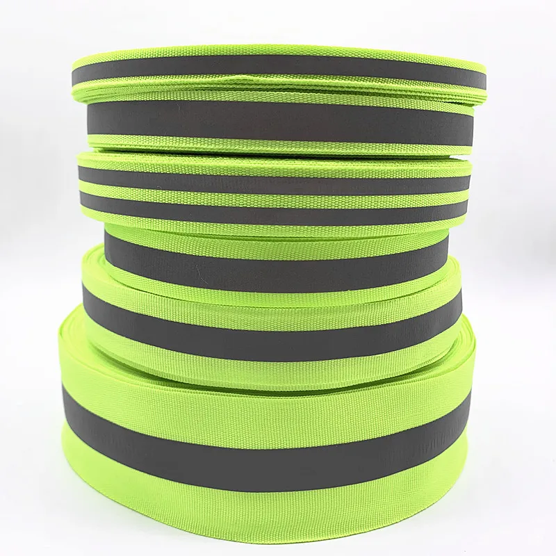 10mm 15mm 20mm 25mm 50mm Fluorescent Green Safety Reflective Sew on Fabric Tape Strap Vest Webbing 5 Yards reflective tape