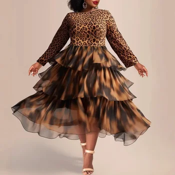 Beautiful Leopard Print Midi Dress Plus Size Long Sleeve