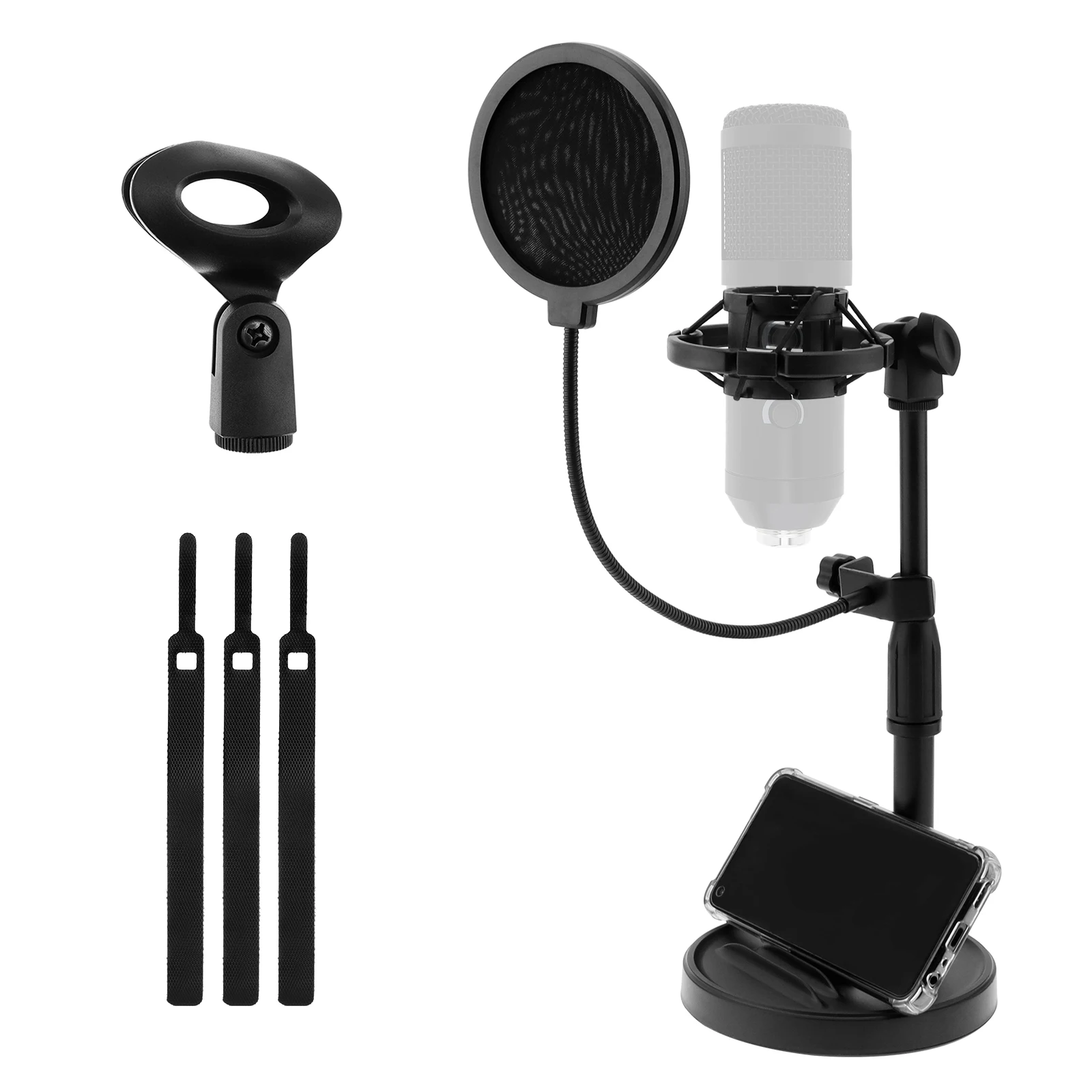 Mikrofon Standı Ağırlıklı Tabanlı Masa Masası, Pop Filtreli, Şok Montajlı, Mikrofon Klipsli Telefon Tutuculu Masaüstü Mikrofon S