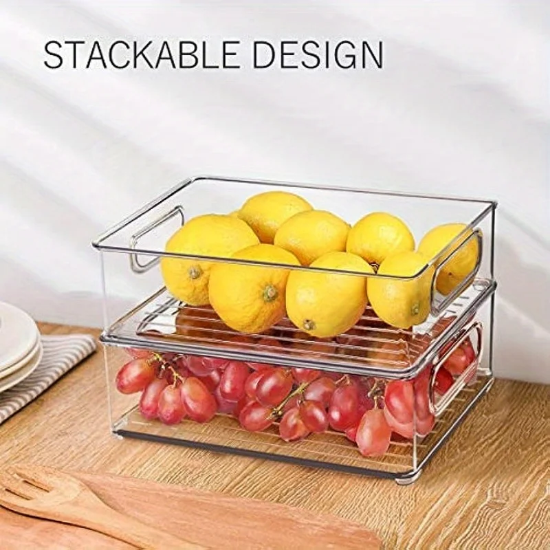 2pcs Stackable Refrigerator  Bins,  Space-saving Transparent Organizer With Handles, For Cabinets, Shelves, Drawer, Countertop A 2