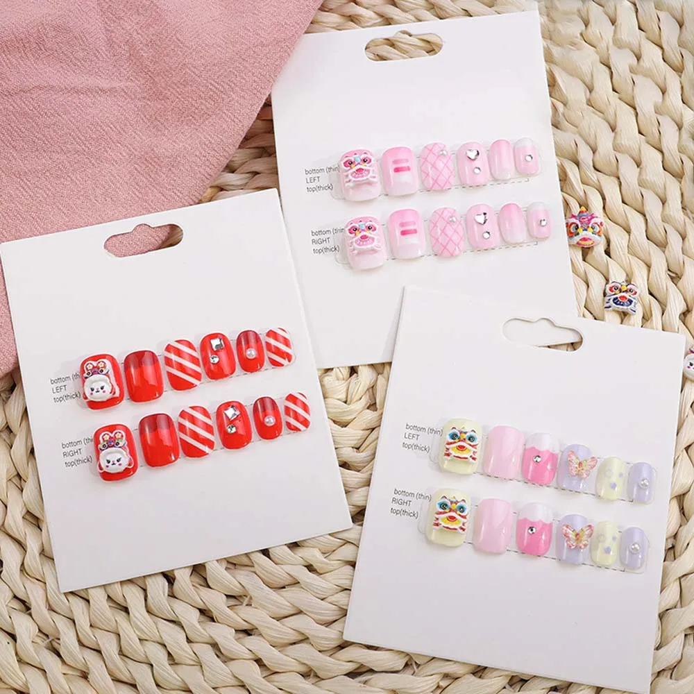 12Pcs/set Lion Dance Children New Year False Nails Full Cover Nail Art Tips Red Pink Color Kids Cartoon Fake Nails